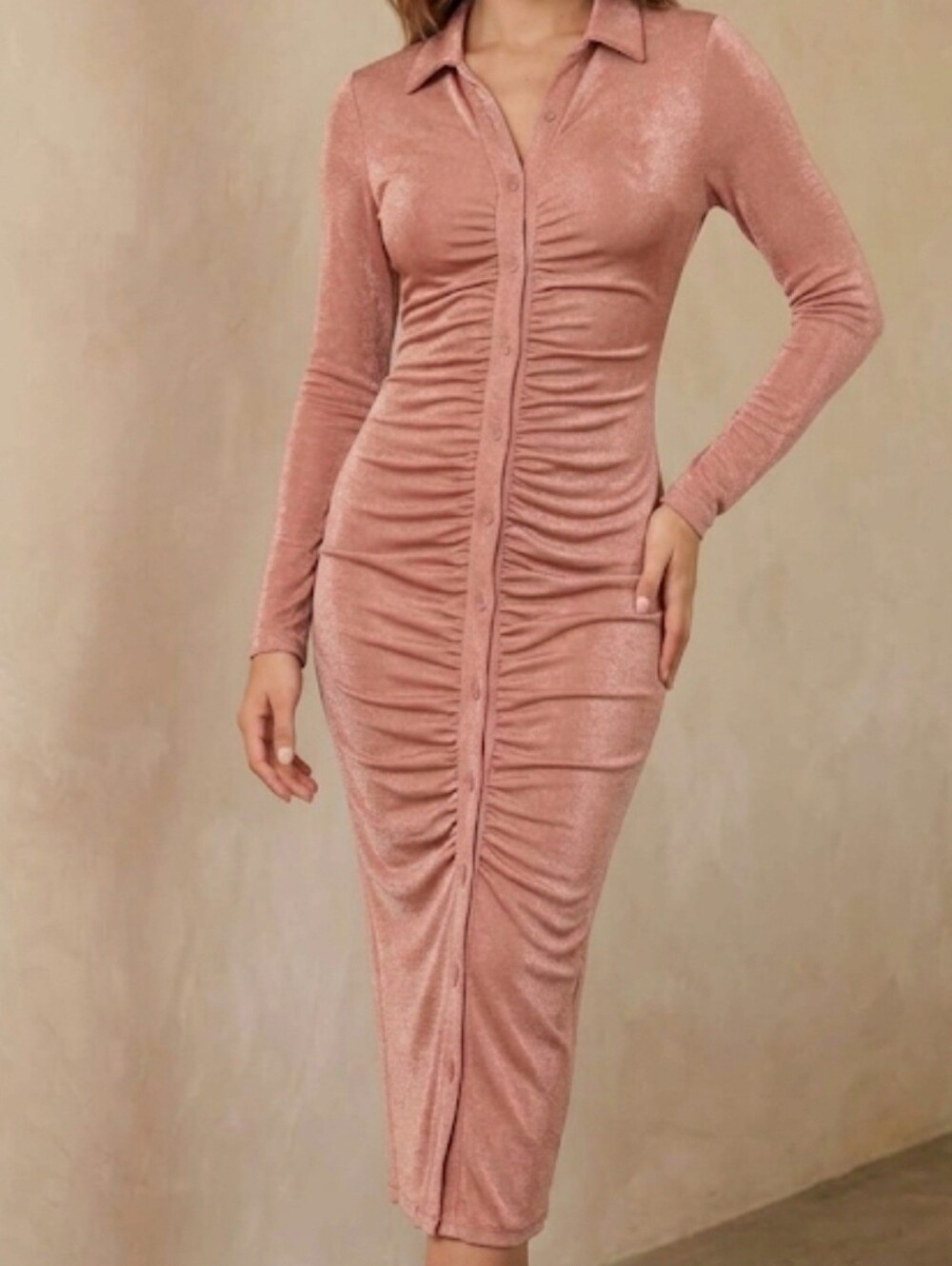 Forever 21 Rose Pink Ruched Button-Front Midi Dress
